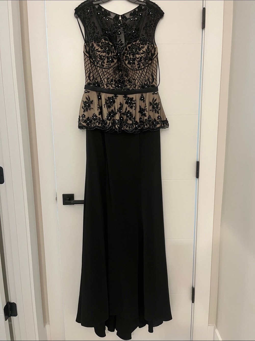Elegant Black Dress with Nude Illusion Beaded Peplum